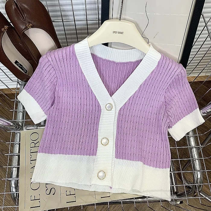 Vrouwen Button Up Korte Mouw Gebreide Top Colorblock V-hals Ingericht Crop Gebreid Vest Zomer Koreaanse Mode Tiener-meisje Outfit