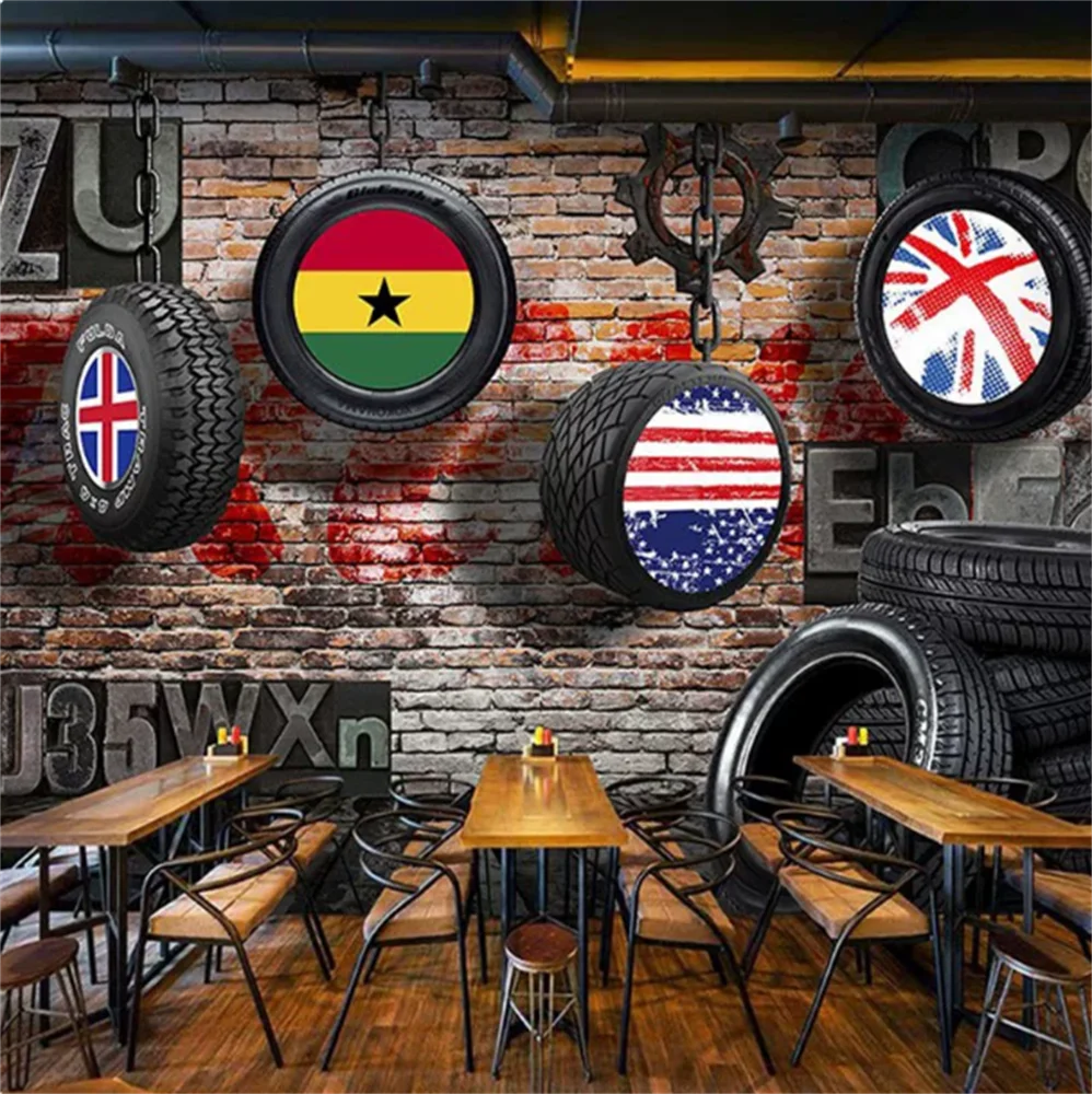 3D stereoscopic car tire wallpaper wallpaper wallpaper industrial style red brick bar car wash shop custom mural