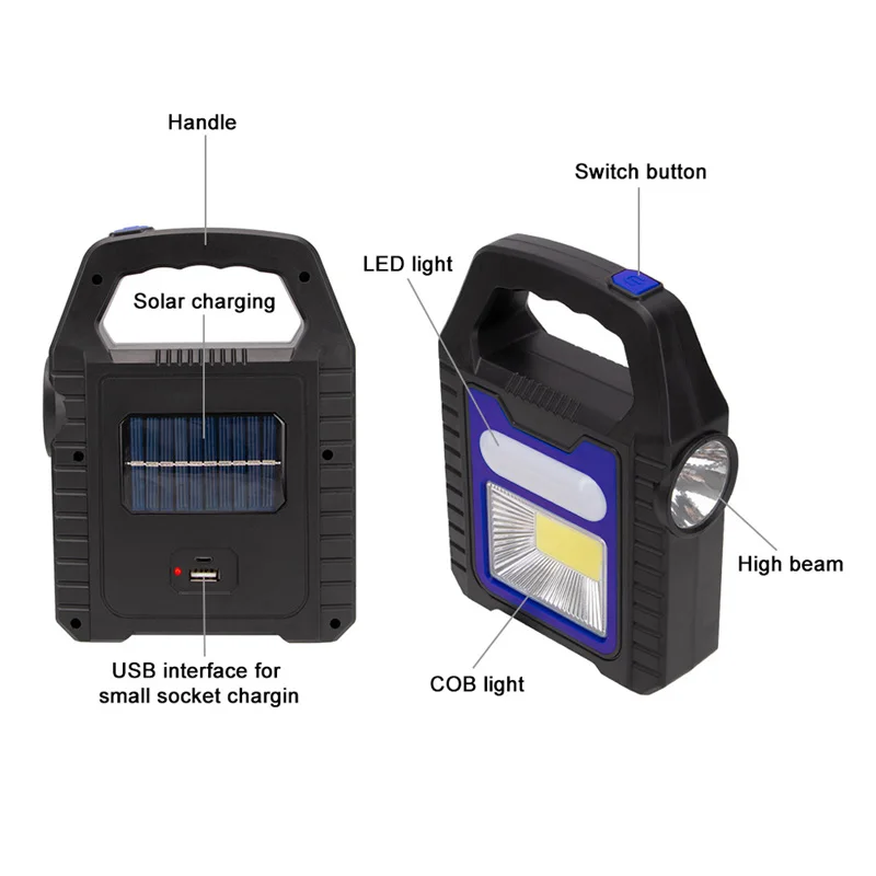 Z20 Portable Solar Lantern COB LED Work Lamp Waterproof Emergency Spotlight USB Rechargeable Handlamp Outdoor Hiking Camping