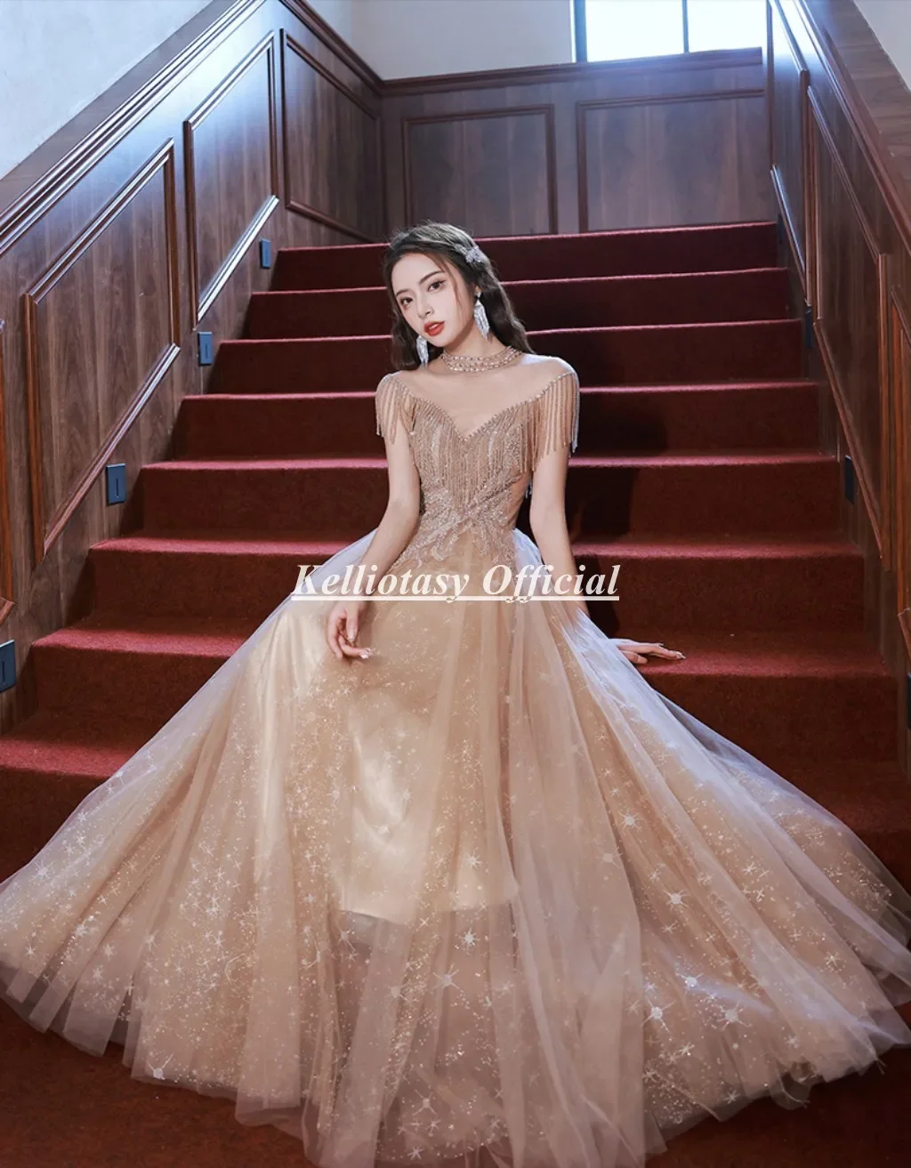 

Customized Evening Dresses Woman Party Fantastic Design High Color Illusion Neckline Aline Evening Dress With Beadings
