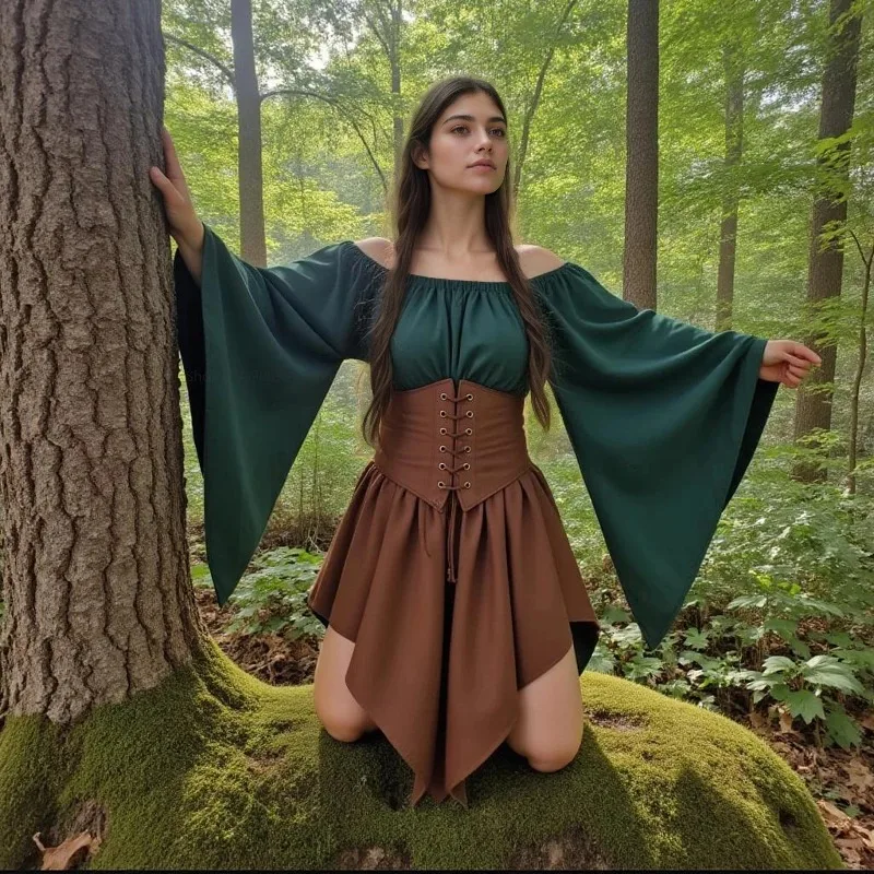 

Victoria Medieval Vintage Fairy Elf Costume Cosplay for Women Princess Bandage Christmas Ptachwork Party Dress Halloween