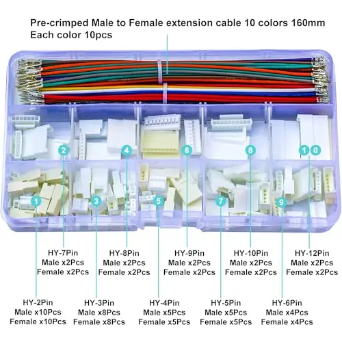 JST-HY 2.0mm Male Female Extension JST Connector Kit and 22AWG   Cables, 2mm 2/3/4/5/6/7/8/9/10/12Pin Male Female (HY-MF)