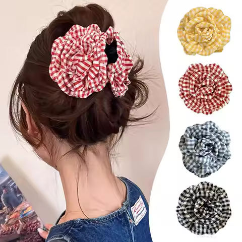 2025 New Grid Hair Claw Women's Gripper Korean Version Flower Hairpin Yellow Rose Exquisite Grab Clip Hair Accessory For Girls