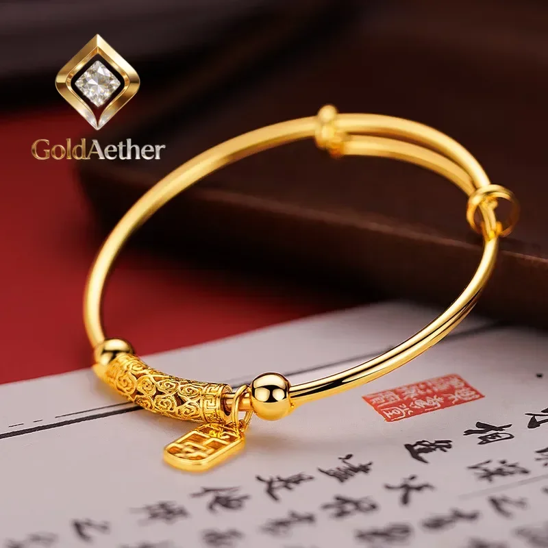 

GoldAether Новый браслет в китайском стиле из настоящего золота 9999 пробы (24K) с изогнутой трубкой Xiangyun, регулируемый, с застежкой push-pull, для женщин