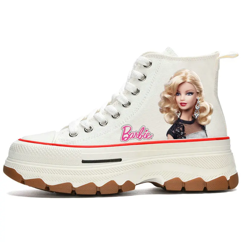 Girls Barbie Canvas Shoes Woman High Top Girls Elevator Shoes Casual Sneakers Cartoon Barbie Tennis shoes Size 35-40