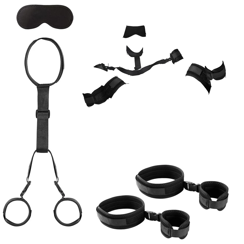 الكبار العين بليندر طوق الرقبة أصفاد الساق ضبط النفس الكفة مجموعات الالعاب الجنسية زوجين BDSM ضبط النفس عبودية والعتاد مفتوحة الساق لعبة المثيرة