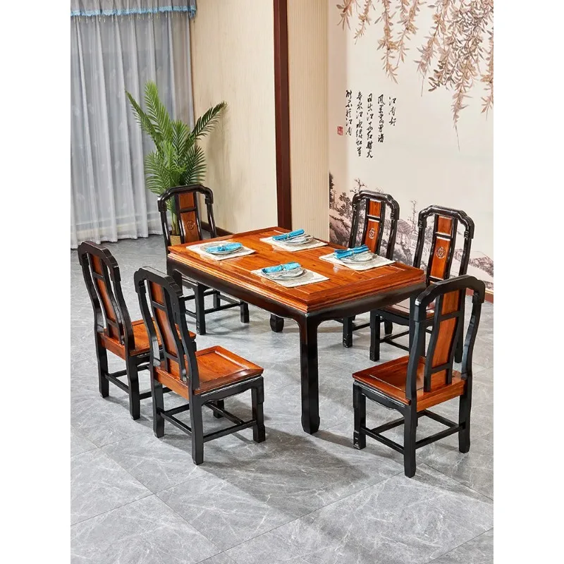 CZ-9 Mahogany New Chinese Rectangular Dining Table Rosewood Sour Branch Wood One Table And Six Chairs Dining Set