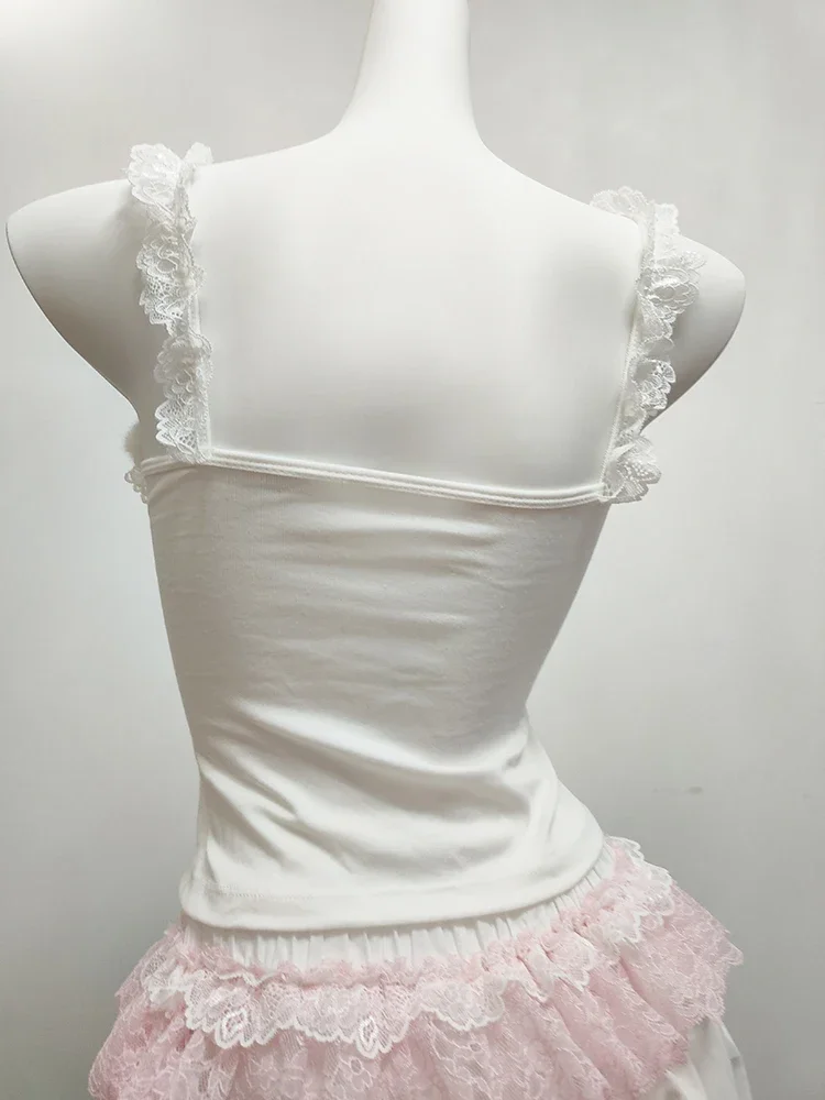 Cute Crop Tops Women Summer Pink Bows Decoration Lace Trim Y2K Cropped for Sweet Girls Lolita Style Kawaii Clothes