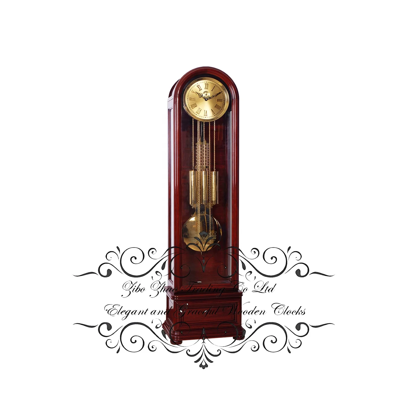 Elegant Flat Top Pediment Solid Basswood Grandfather Clock French Country Design Antique Style Inspired Classic Greek Roman