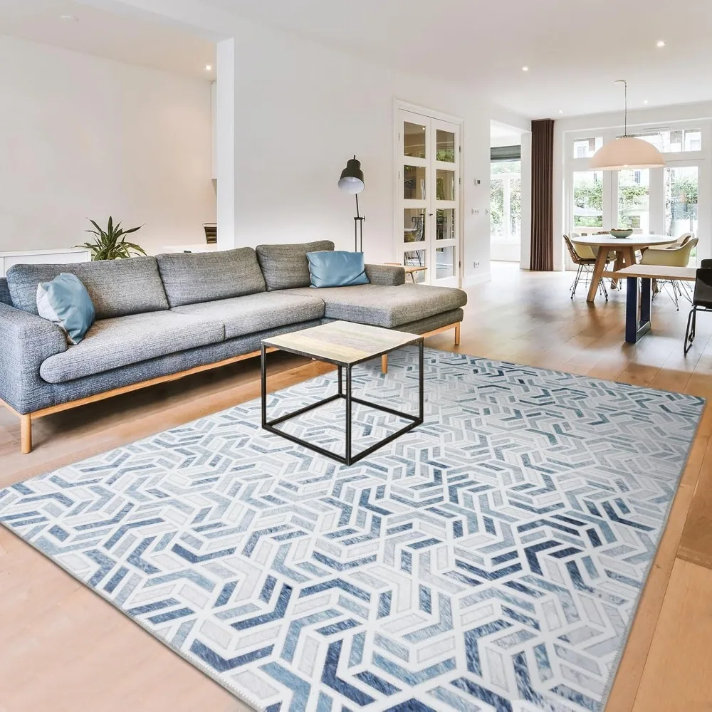 سجادة جلد البقر الصناعي الهندسية الحديثة، 8 × 10 أقدام، سجادة غير قابلة للانزلاق قابلة للغسل في الغسالة لغرفة المعيشة #6