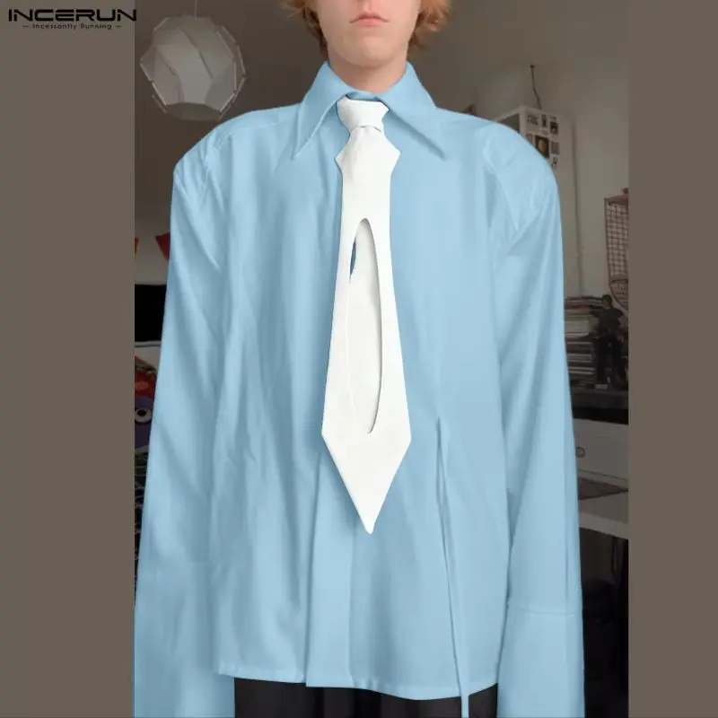 

INCERUN Мужская рубашка в стиле пэчворк с лацканами и длинными рукавами на пуговицах Мужские рубашки с галстуком Уличная одежда Свободные повседневные топы в корейском стиле Мужская одежда