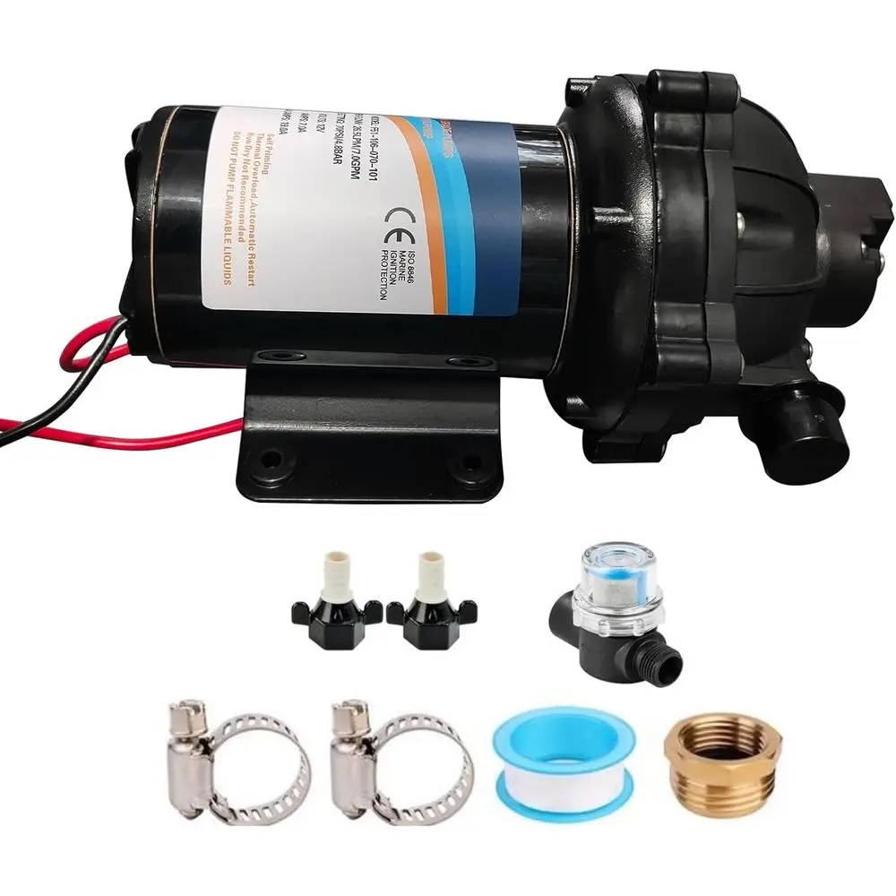 

RV Fresh Water Pump 7GPM 70PSI, 12V DC Five Chamber Self-Priming Diaphragm Water Pump with Heavy Duty Pressure Switch and Strain