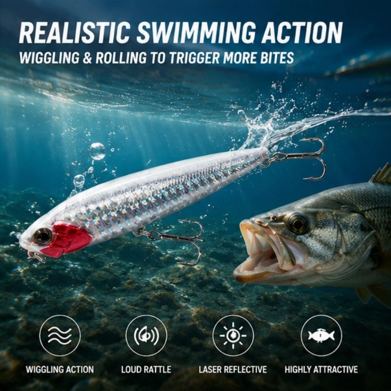 8 PCS 8.5cm 11g Sinking Pencil Fishing Lure with Built-in Rattle Laser Reflective Hard Bait, Topwater & Subsurface Lure for Bass