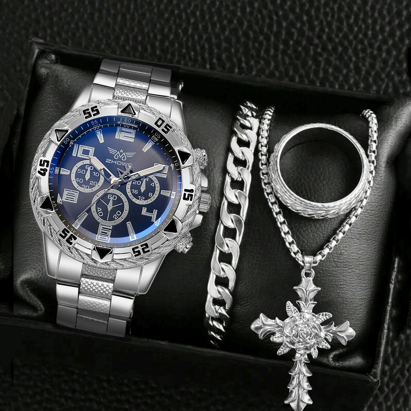 الرجال 4PCS ووتش مجموعة أزياء عارضة الفولاذ المقاوم للصدأ ثلاثة أقراص كوارتز ووتش الحرة روز قلادة سوار خواتم هدية عيد ميلاد