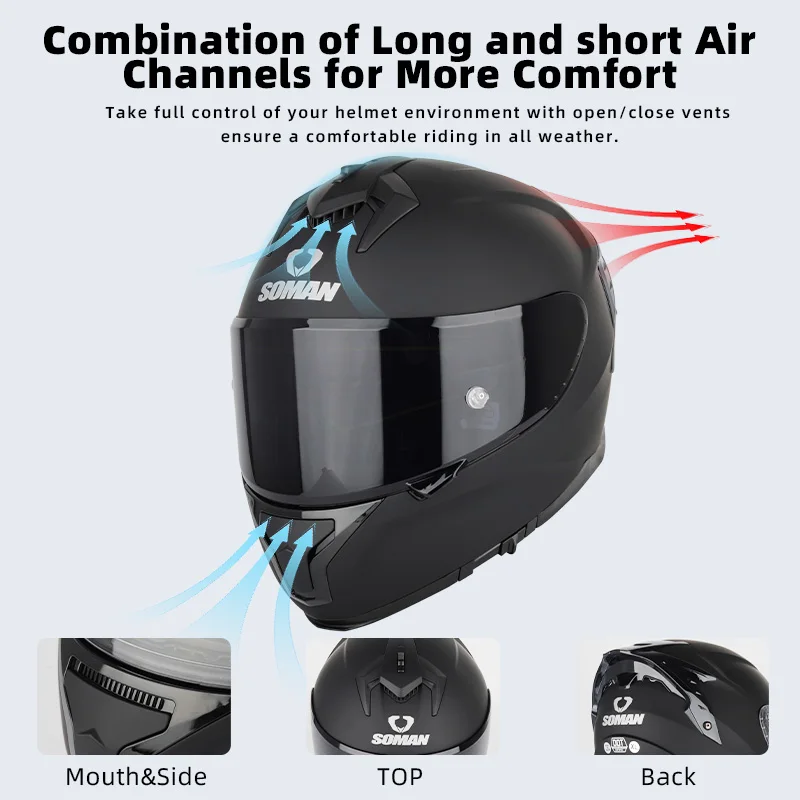 SOMAN Full Face Helmet Men\'s Motorcycle Helmet Double Visor Lens Racing Moto Accessories ECE DOT Aprroved Cascos Capacete Women