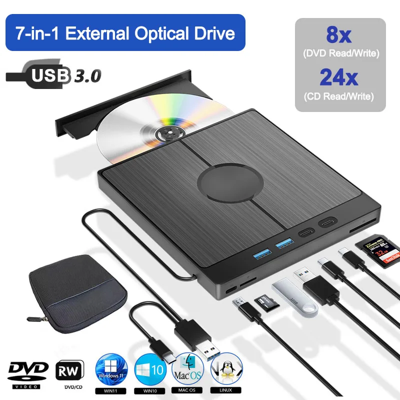 

7-in-1 External CD DVD Optical Drive with Carry Bag USB 3.0 CD/DVD RW Player Burner Reader For Windows Mac PC Laptop