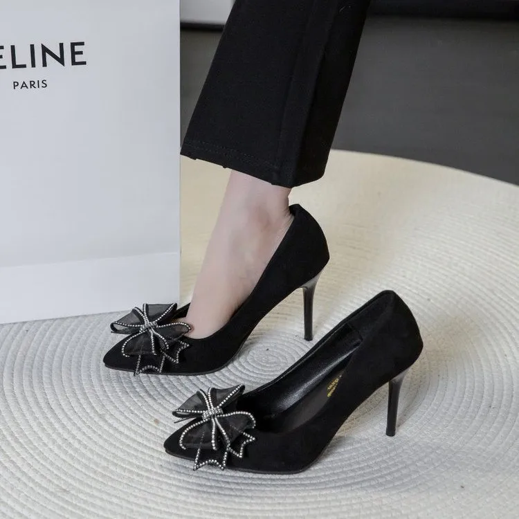 Luxury High Heels Women's 2024 Spring and Autumn New Suede Black Sexy Versatile Bow Banquet Pointed Thin Heel Shoes