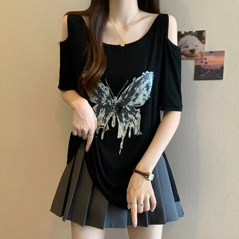 

Black Graphic Women's Short Sleeve T-shirt Off Shoulder Baggy 90s Vintage Korean Reviews Clothes Y2k Sale Elegant Tee Top Female