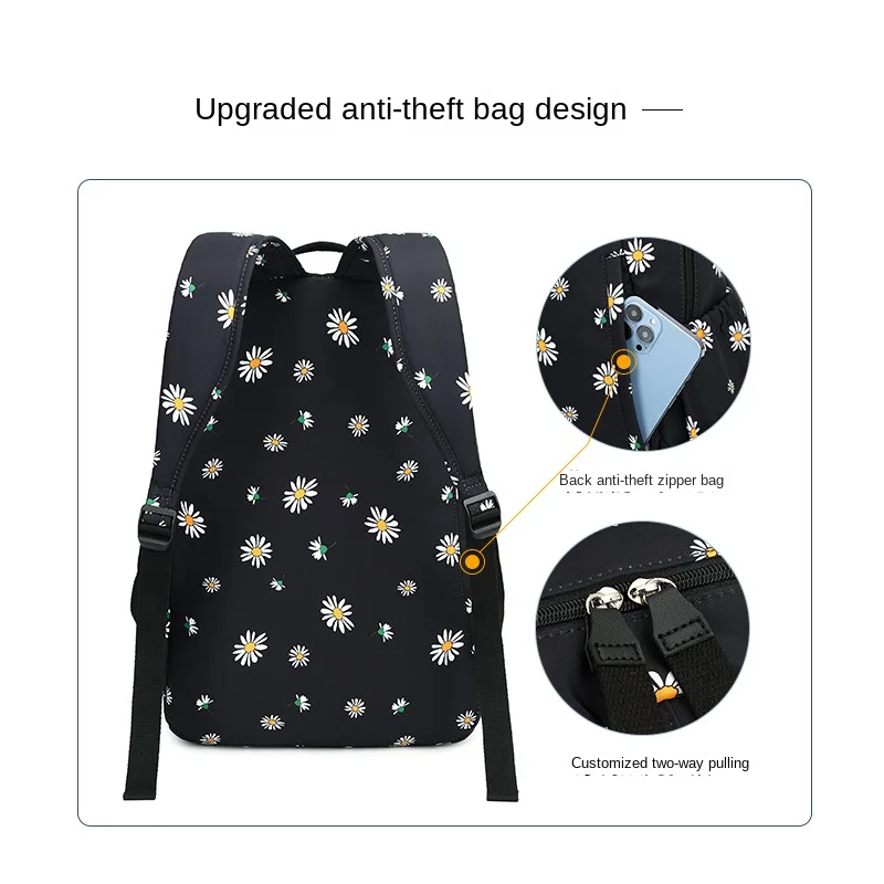 Flower Backpack Women Teenager Cute Kawaii Backpack 2023 New School Bags for Girls Kid Children Students Schoolbag Korean Black