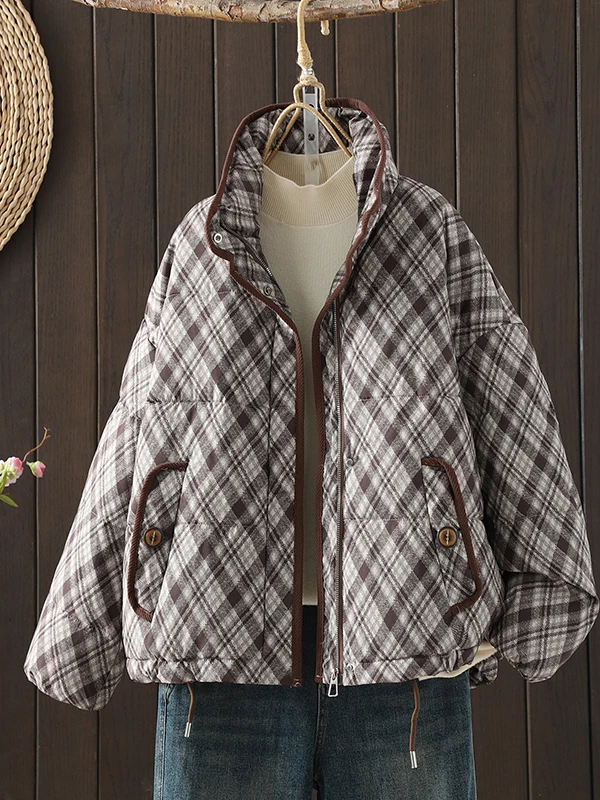 

Faionable клетчатая хлопковая куртка, женская зимняя новинка, свободная теплая верхняя одежда с воротником-стойкой, модная застежка-молния
