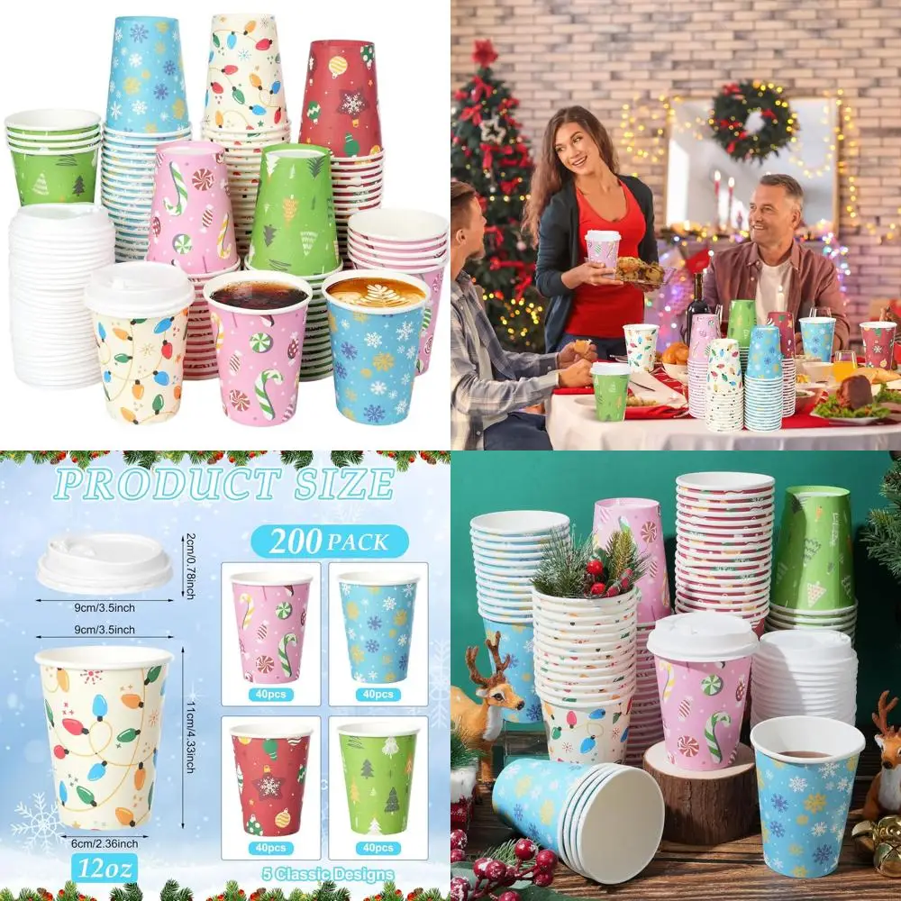 

Bulk 200 Pack 12oz Christmas Paper Cups with Lids, Assorted Styles for Holiday Parties and Winter Celebrations