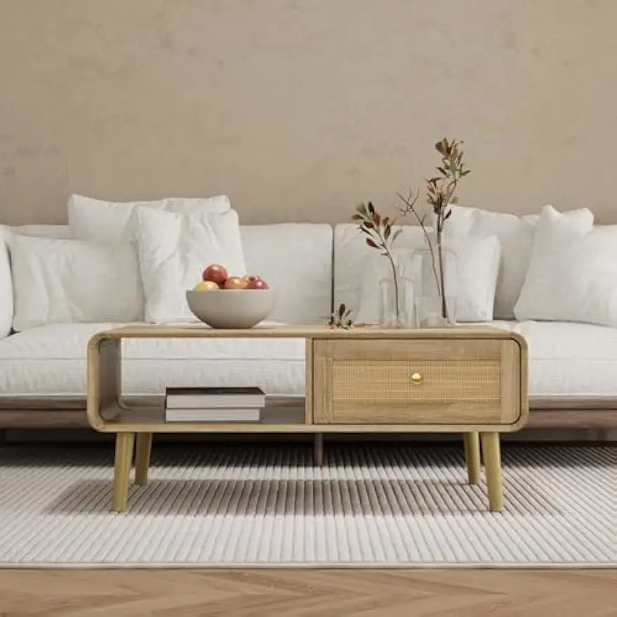 Coffee Table with Drawer & Open Shelf, Central Table Living Room Table with Solid Wood Legs, Rattan Drawer Surface