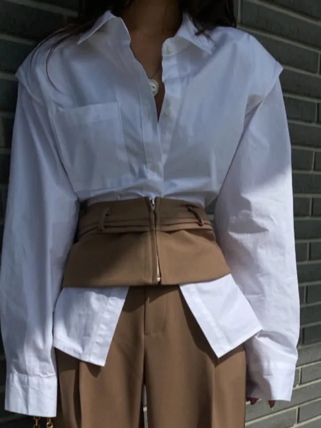 

Faionable Chic Pure Color irt Pad oulder Long Sve Turn-down Collar Waist-cinching Design Commute Loose Fit Spring