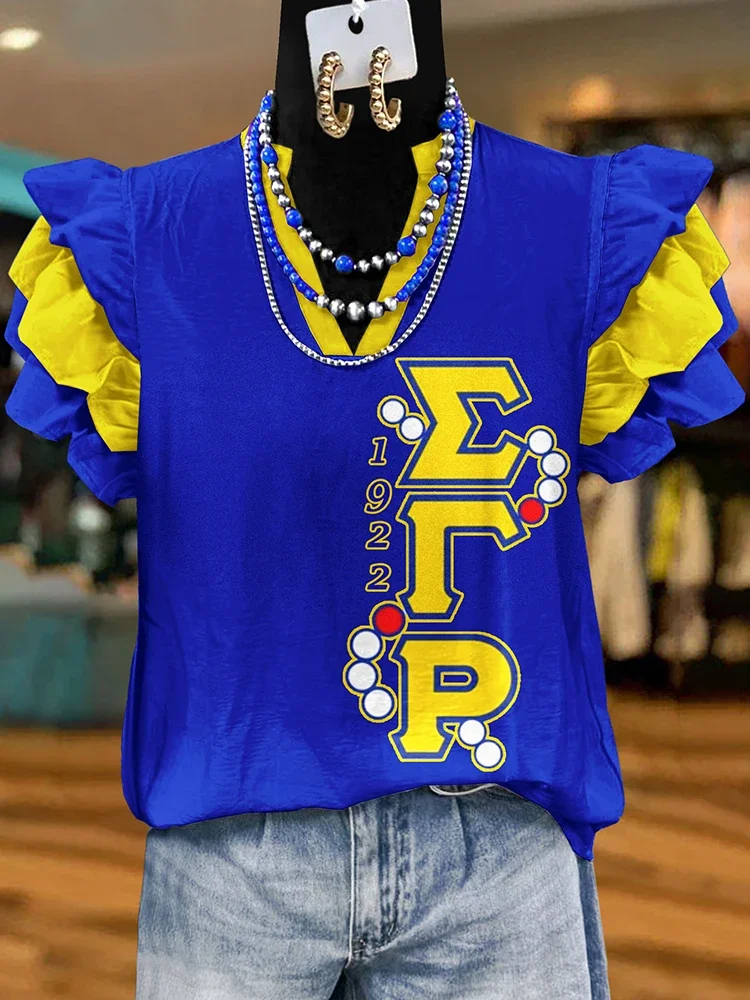 Sigma Gamma Rho Sorority blouse met print en vliegmouwen