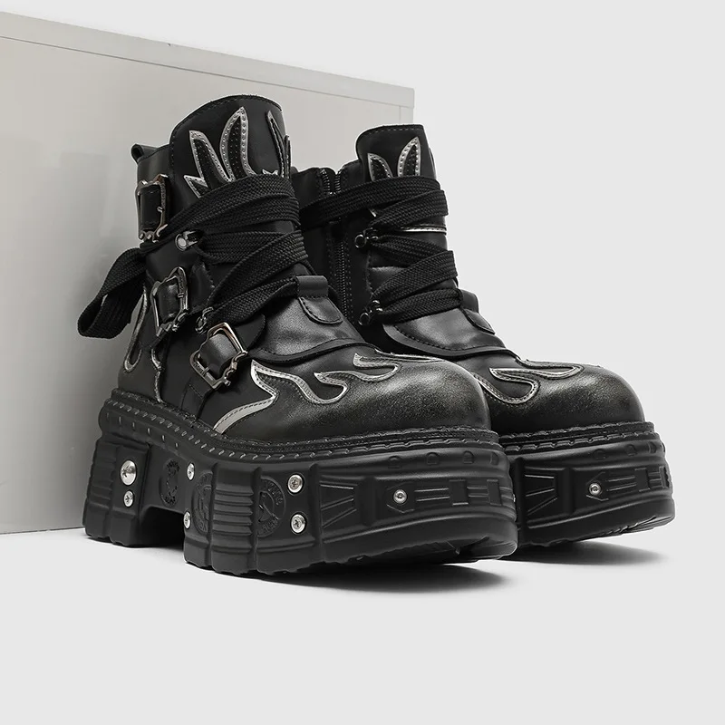 2026 Men's Niche Personality Fashion Ruffian Handsome Cool Flame Punk Thick Sole Heightening Fried Street Locomotive Boots