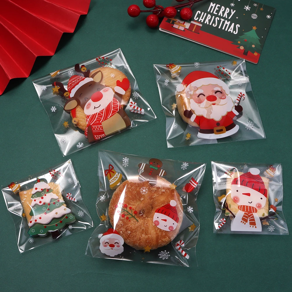 100pcs/lot Christmas Printed OPP Clear Self Adhesive Bag for Candy Cookie Baking Snack Treat Bags DIY Xmas Gift Packaging