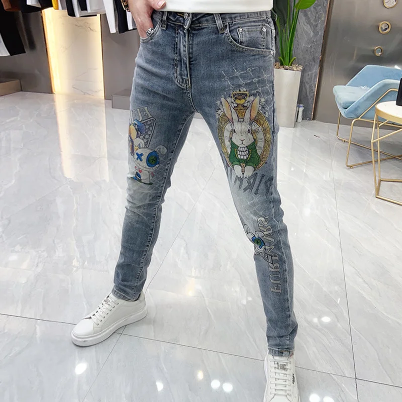 Fashion Jeans Men Printing Retro Cartoon Print Men Jeans Pants Men's Streetwear Skinny Jeans Men Erkek Kot Pantolon Jeans Hombre