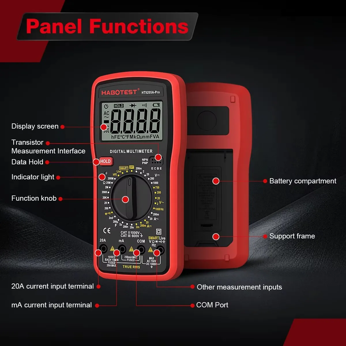 HABOTEST HT9205A-PRO True RMS Digital Multimeter 2000 Counts AC/DC Voltage Current Resistance Capacitance Electrician Tester
