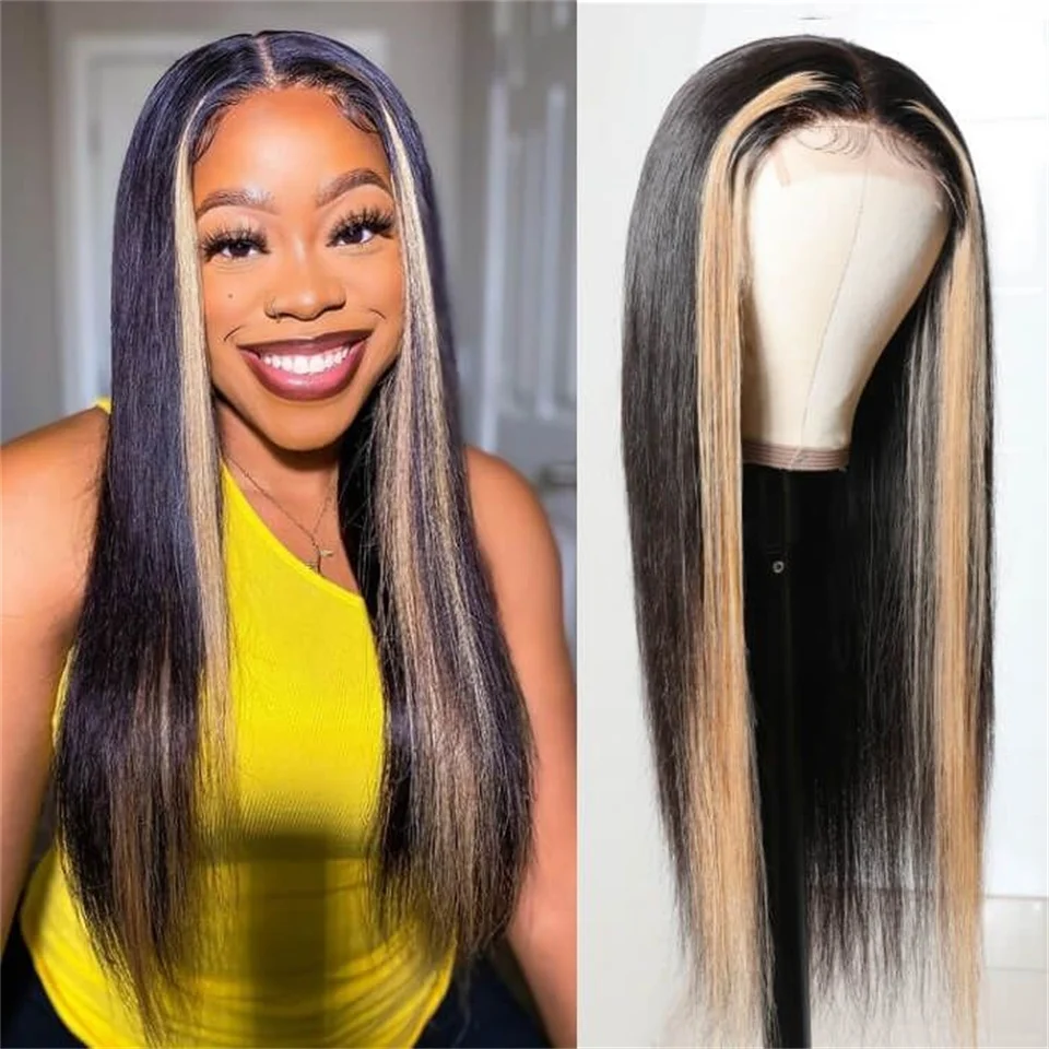 

Stripe Straight Wear And Go Glueless Wigs Human Hair 1b/30 Density200 Pre Cut Lace 13x4 Blonde Highlight Straight Human Hair Wig