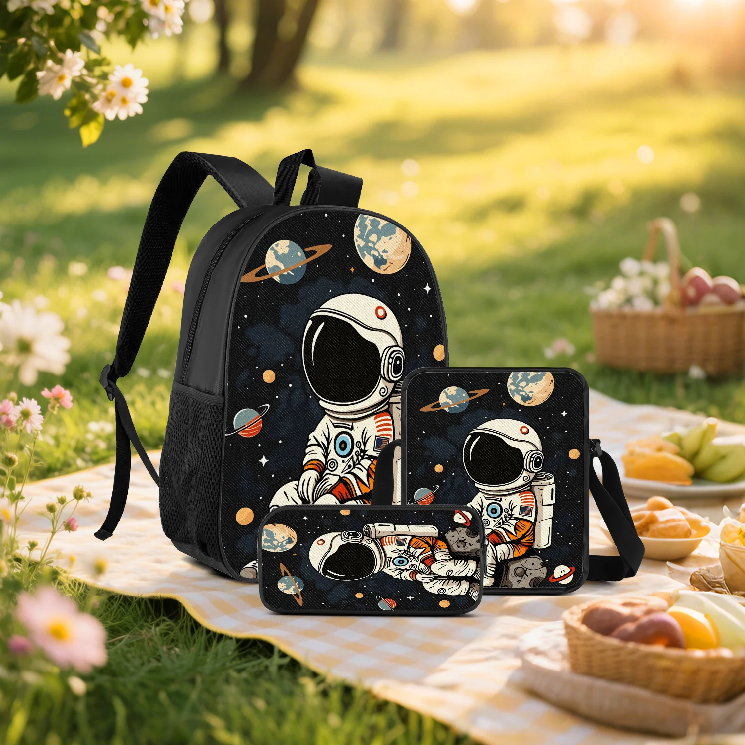 Vintage Space Astronaut Planet Print 3 Piece Backpack Set Spacious Daily Daypack Matching Crossbody Bag And Stationery Pouch