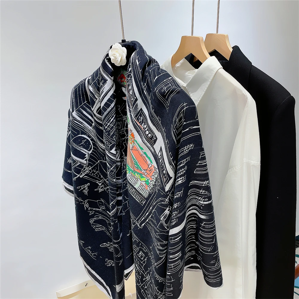 Sciarpa di seta Cashmere sciarpa donna scialle arrotolato a mano notte stampa città sciarpe quadrate avvolge Bandana Big hijab Foulard femminile