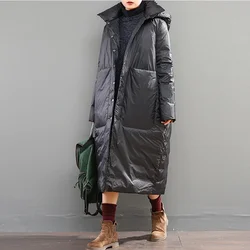 Winter New European Large Down Coat Women Long Loose Large Pocket Thickened Warm White Duck Down Coat