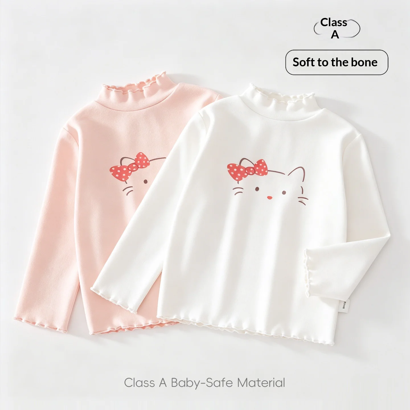 Baby Girls' Cat Lace Collar Tee, Grade A Cotton Long-Sleeve Top, Soft Frilled Neckline, Versatile Spring/Autumn Undershirt