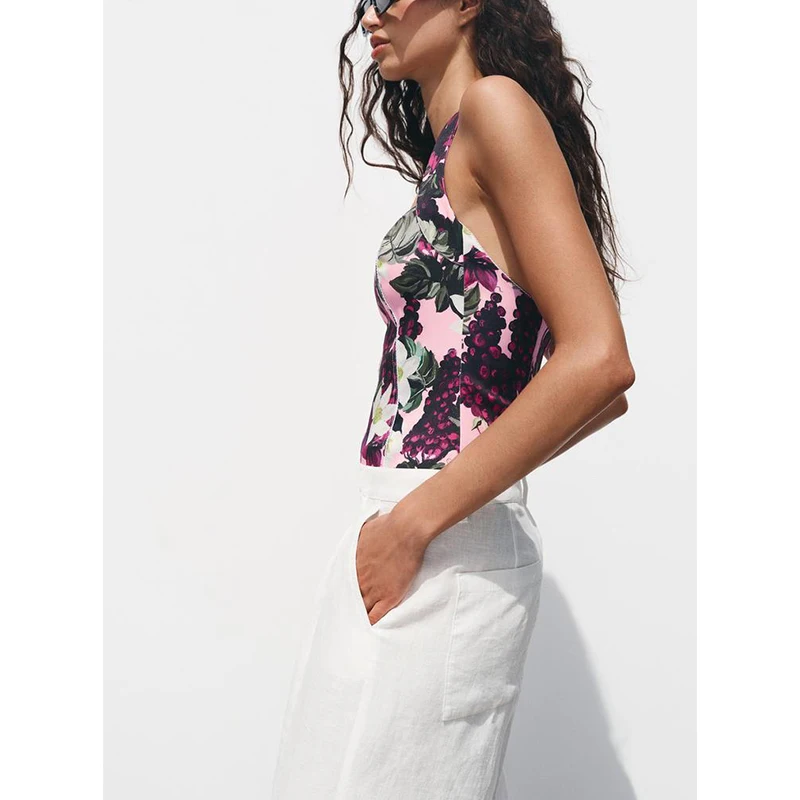 

Spring Summer New Women's Design Printed Knot Bal Neline Jumpsuit High Waist ort Pants Polyester Fiber