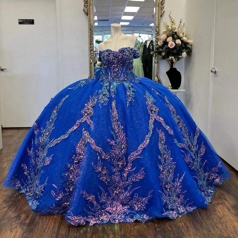 

Синие Блестящие платья Quinceanera для милых 15-летних сексуальных пышных бальных платьев с открытыми плечами женские платья принцессы