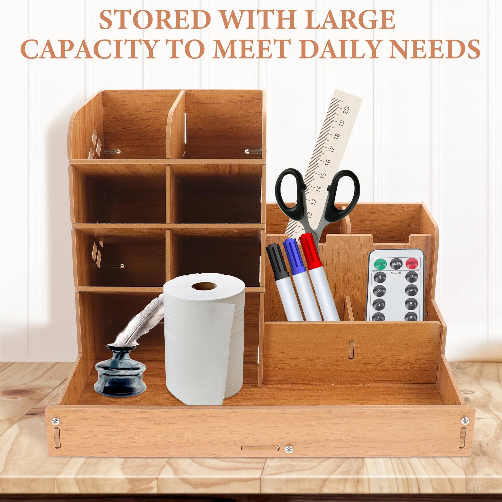 Wooden Desk Organizer Pen Holder Pencil Stand Multifunctional Storage Box for Markers Notebooks Rubber Bands Desktop Container