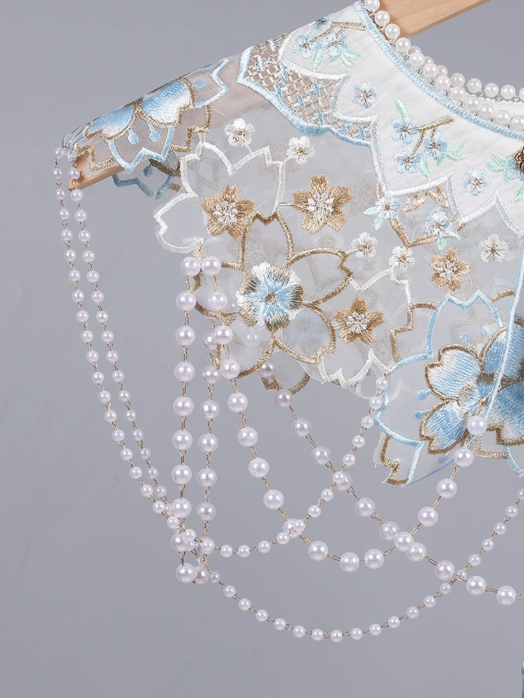 Hanfu pearl pendant tassel, blue pink decorative fake collar