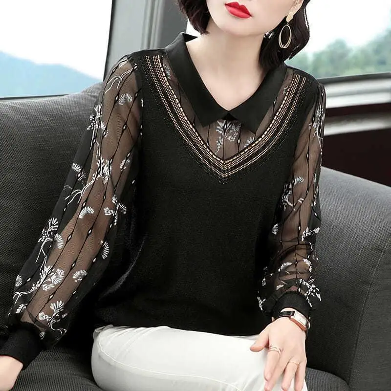 2023 Spring and Summer Versatile Elegant Temperament Top Fashion Hollow Out POLO Collar Long Sleeve Simplicity Commuter Shirt