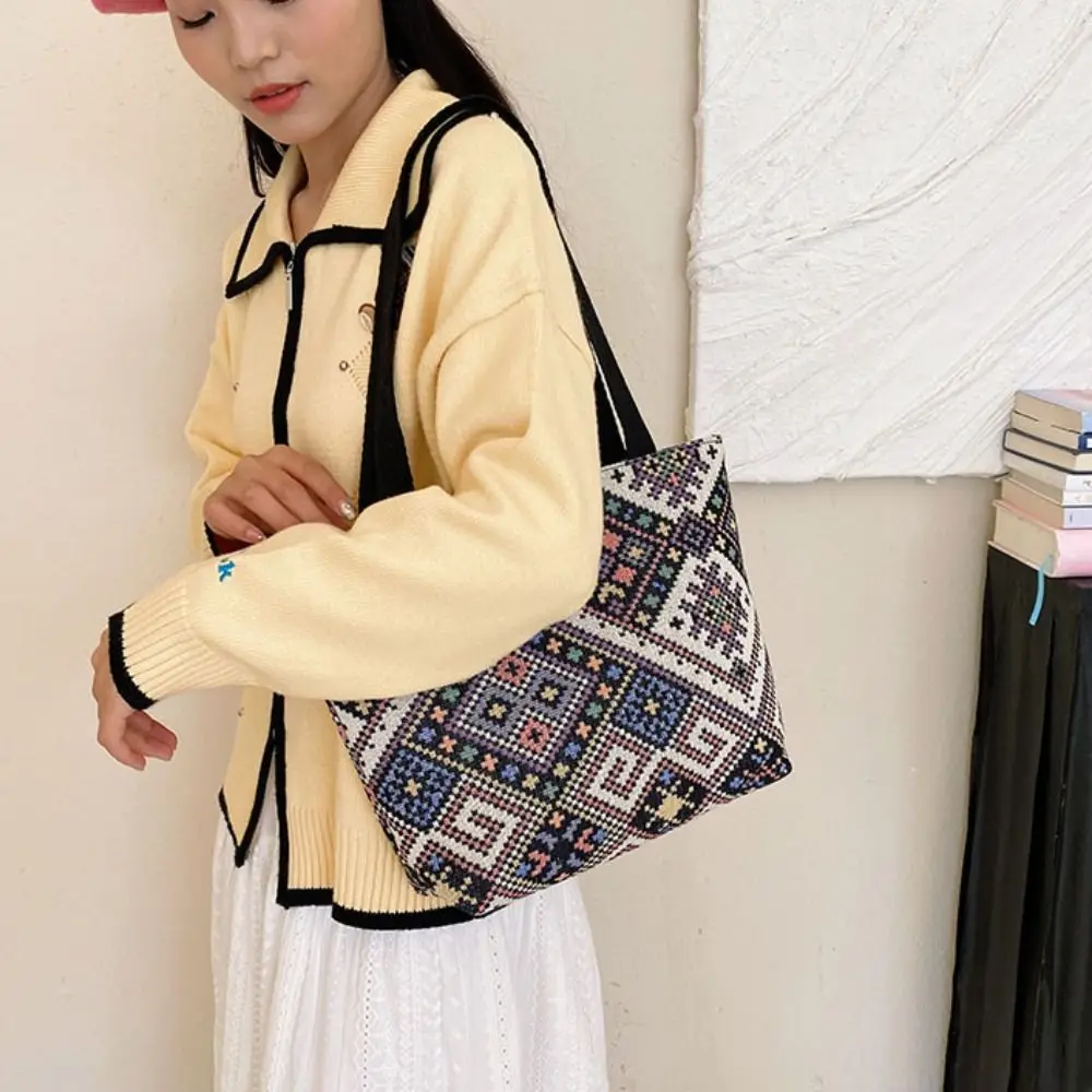 Embroidery Ethnic Style Canvas Bag Cute Portable Large Capacity Canvas Handbag Mommy Bag Storage Bag Striped Tote Bag Picnic