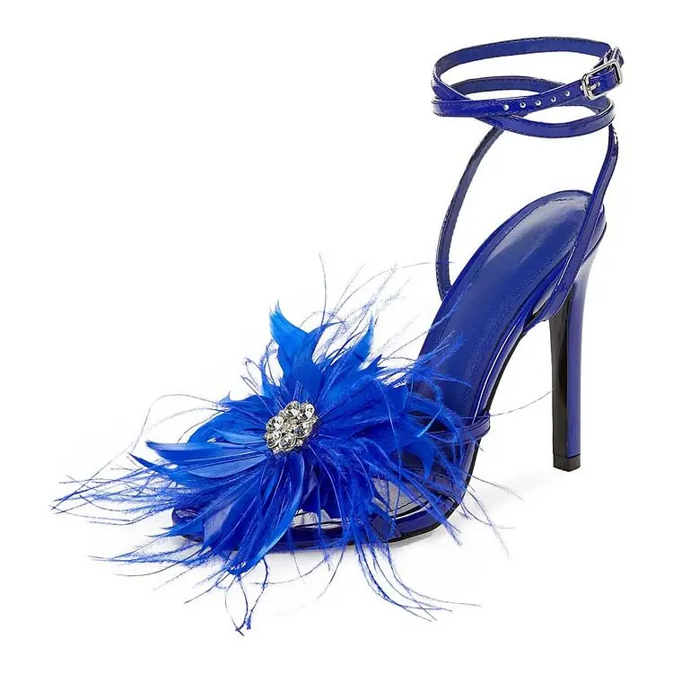 

Black Feather & Rhinestone Decor Ankle Strap Heeled Sandals