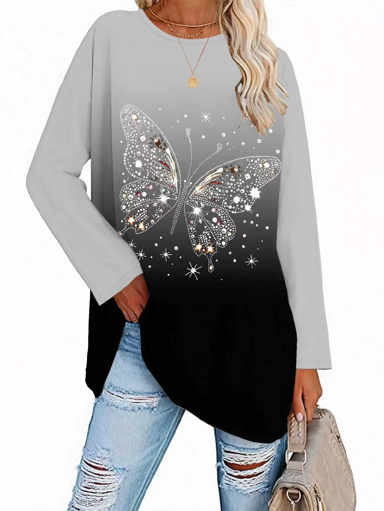 

Женская осенне-зимняя футболка больших размеров с круглым вырезом и принтом бабочки, элегантная серия, повседневный удобный стиль