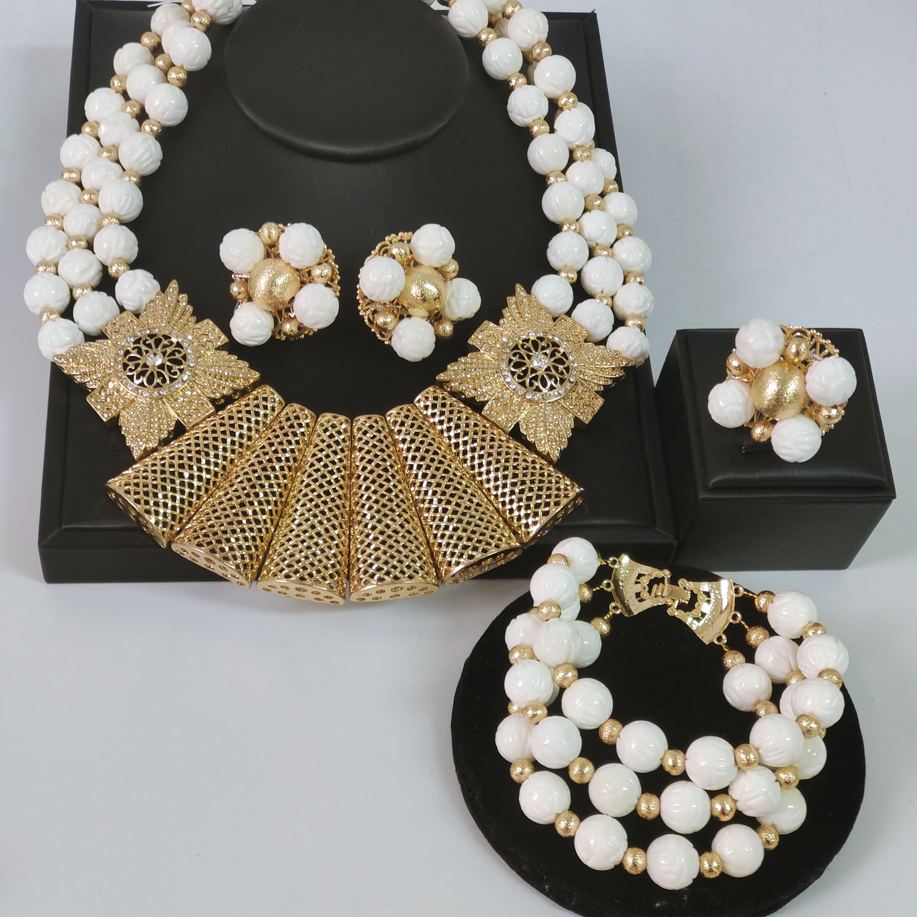 

Fashion African Beads Jewelry Set for Women Nigerian Wedding Necklace Bracelet Earring Ring
