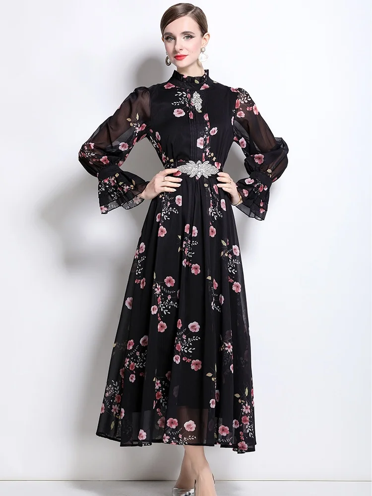 

2025 New Spring Luxury Diamond Elegant Printed Long Dress Women's Stand Collar Flare Long Sleeve Runway Dresses