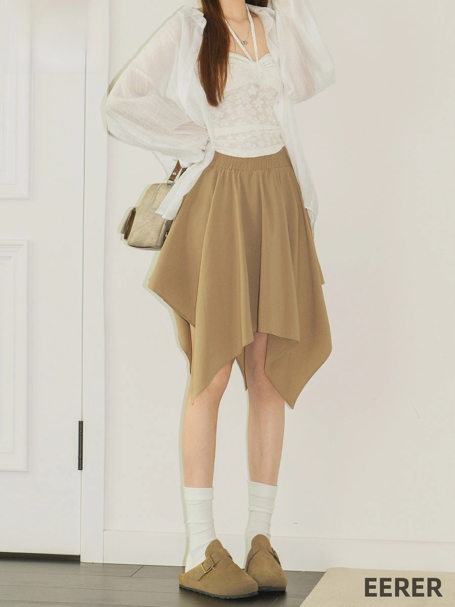 Khaki Asymmetrical A-Line  Skirt Women's High Waist Slimming Summer New Style Casual Folded High Waist Skirt