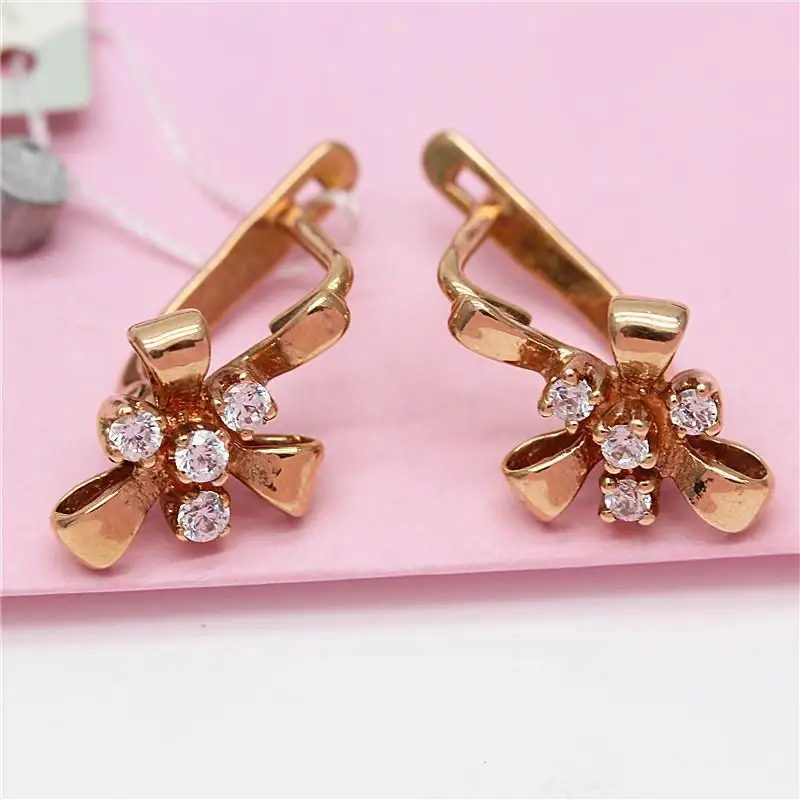 585 Purple Gold Earrings for Women Fashion Plated 14K Rose Gold Inlaid Crystal Bowknot Earings Classic New in Jewelry 3