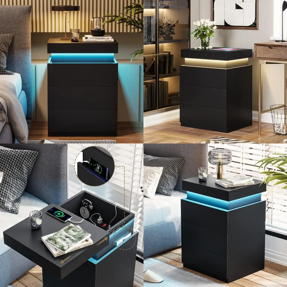 

LED-Illuminated Sliding Top Nightstand with Charging Station and Drawers, Modern Bedside Table